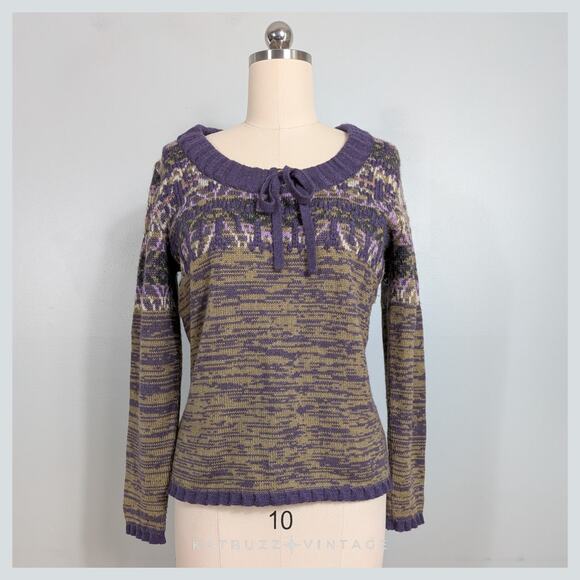 SOL Baby Alpaca Pullover Sweater L Purple Yellow Fair Isle Bow Scoop Soft Bow - Picture 1 of 13